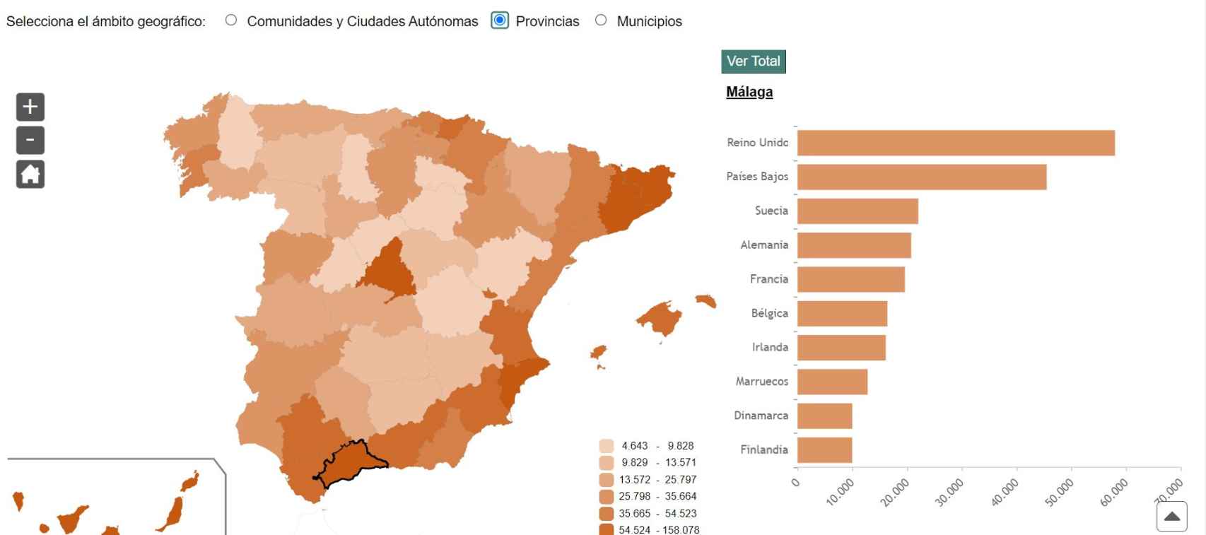 Mapa de España y detalle de la procedencia de los turistas extranjeros en Málaga en enero