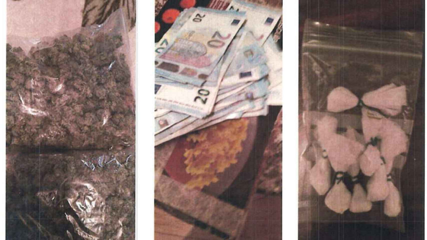 Imágenes de cogollos, cocaína y dinero en metálico intervenidas por la Guardia Civil en el análisis de los móviles de los investigados.