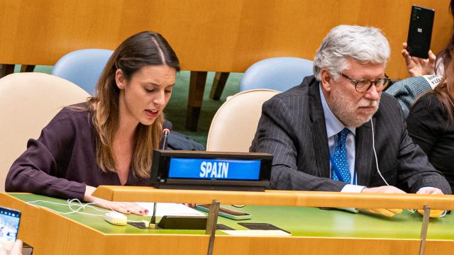 Irene Montero, durante su intervención en la ONU, este jueves en Nueva York.