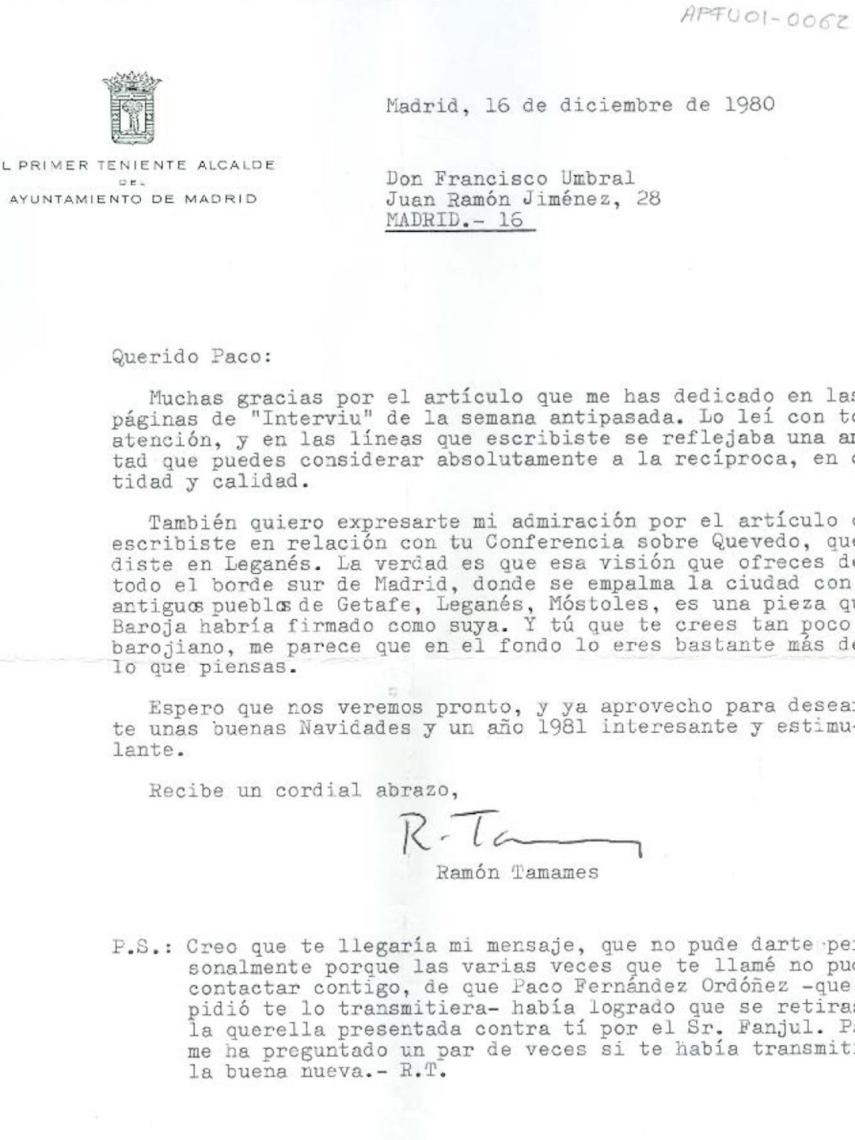 Una de las cartas enviadas por Tamames a Umbral a las que ha tenido acceso este diario.