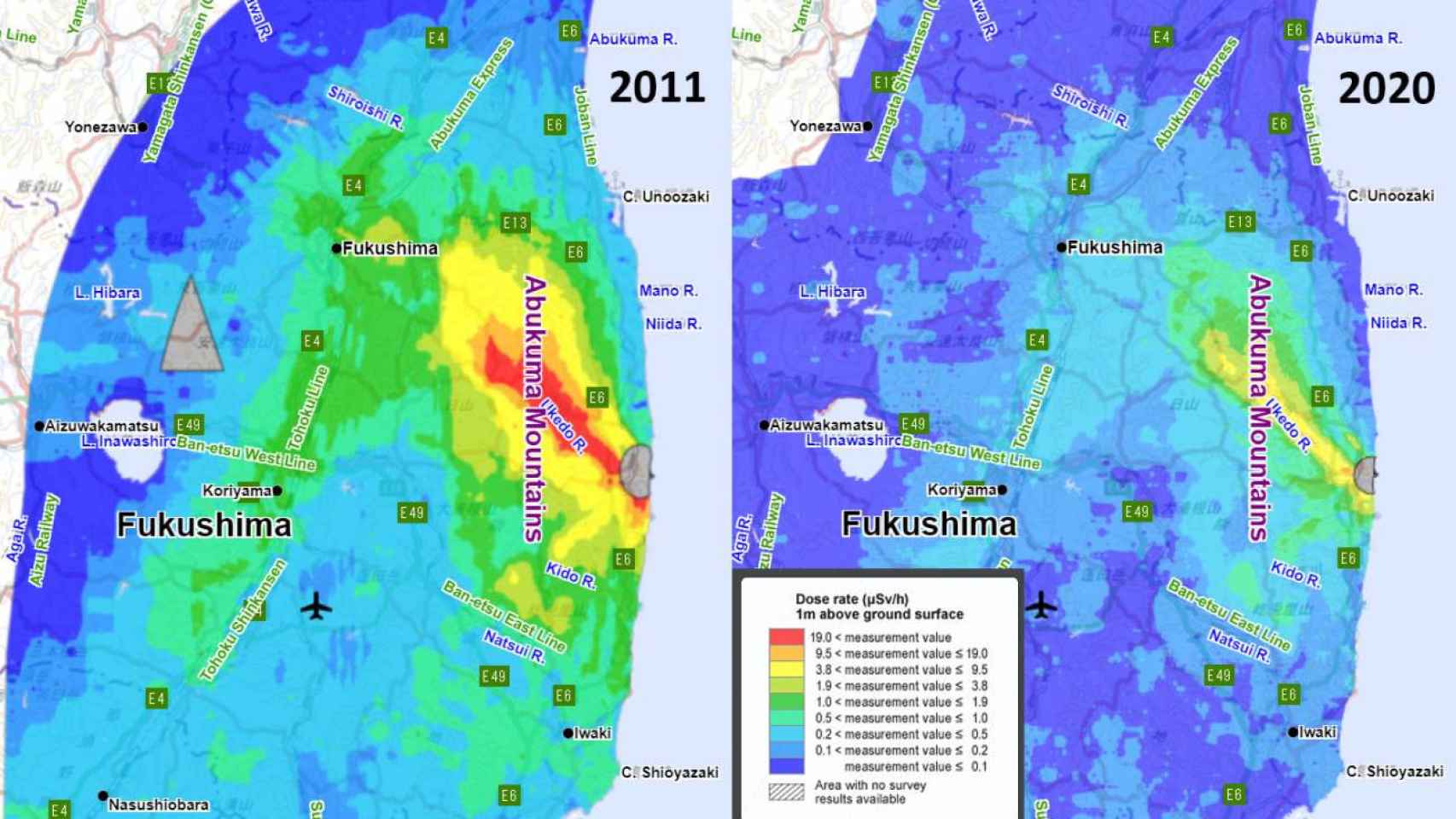 Evolución de la radiación en el aire en el entorno de Fukushima entre 2011 y 2020.