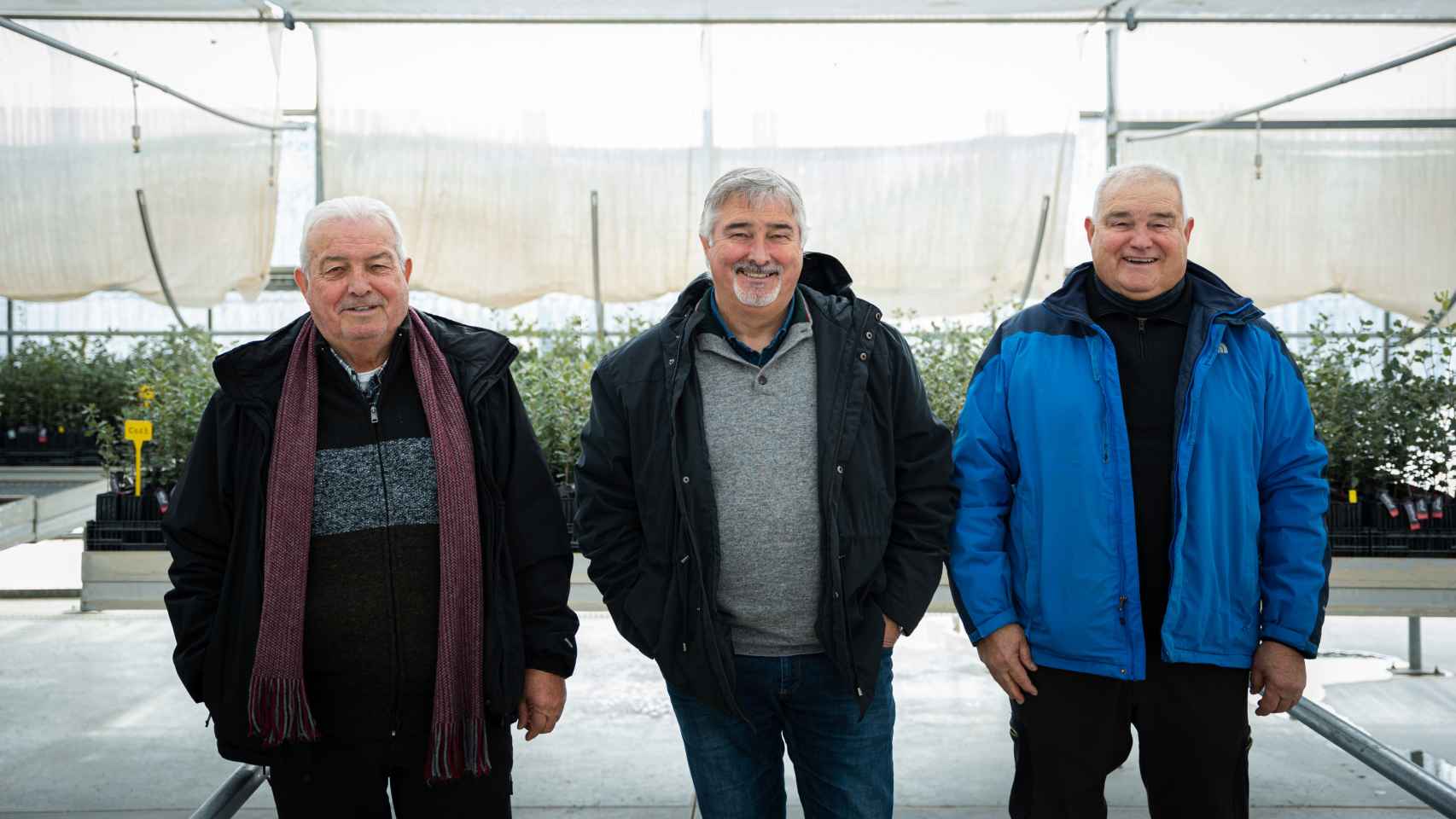 De izquierda a derecha, Manuel, Joaquín y Ángel Doñate Peiró, tres de los truficultores pioneros, en el vivero de Inotruf.