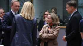 El ministro de Finanzas alemán, Christian Lindner, y la vicepresidenta primera, Nadia Calviño, durante una reunión del Ecofin.