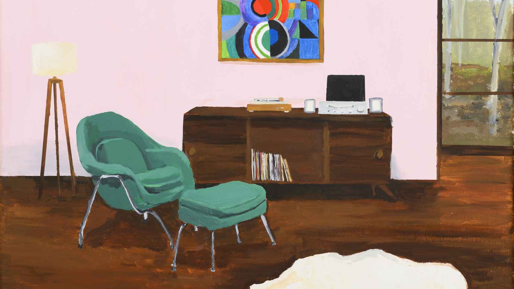 Polly Shindler: 'Room with Faux Sheepskin Rug and Painting (Sonia Delaunay)', 2019, en la galería Rafael Pérez Hernando