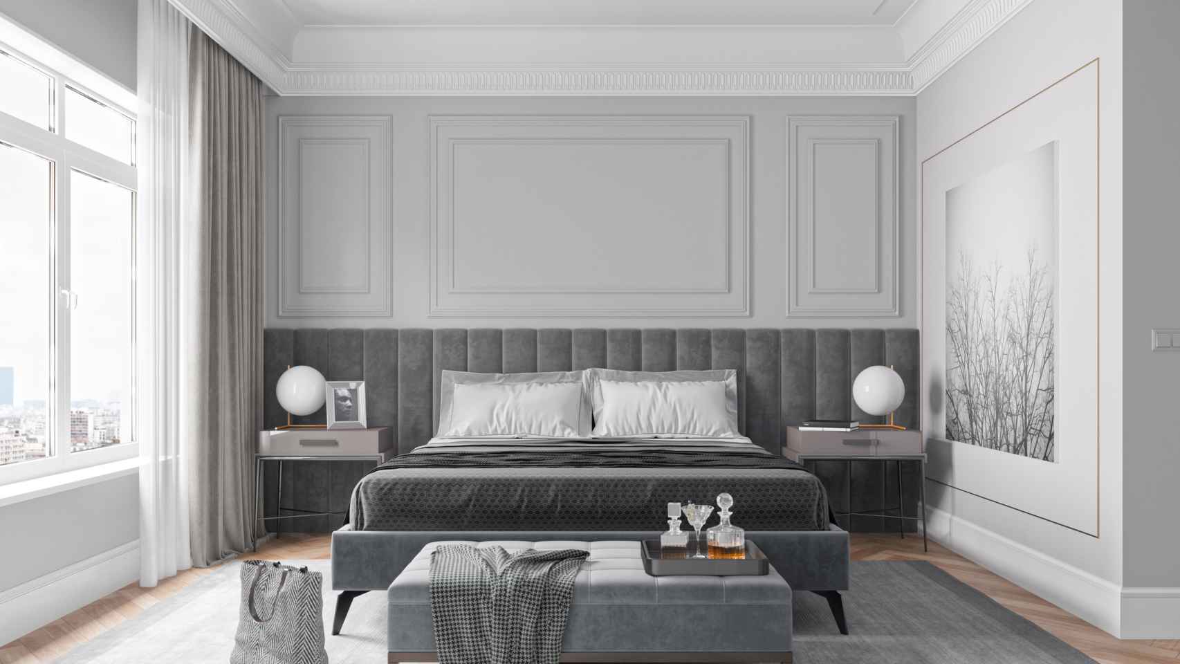 Dormitorio pintado y decorado en gris.