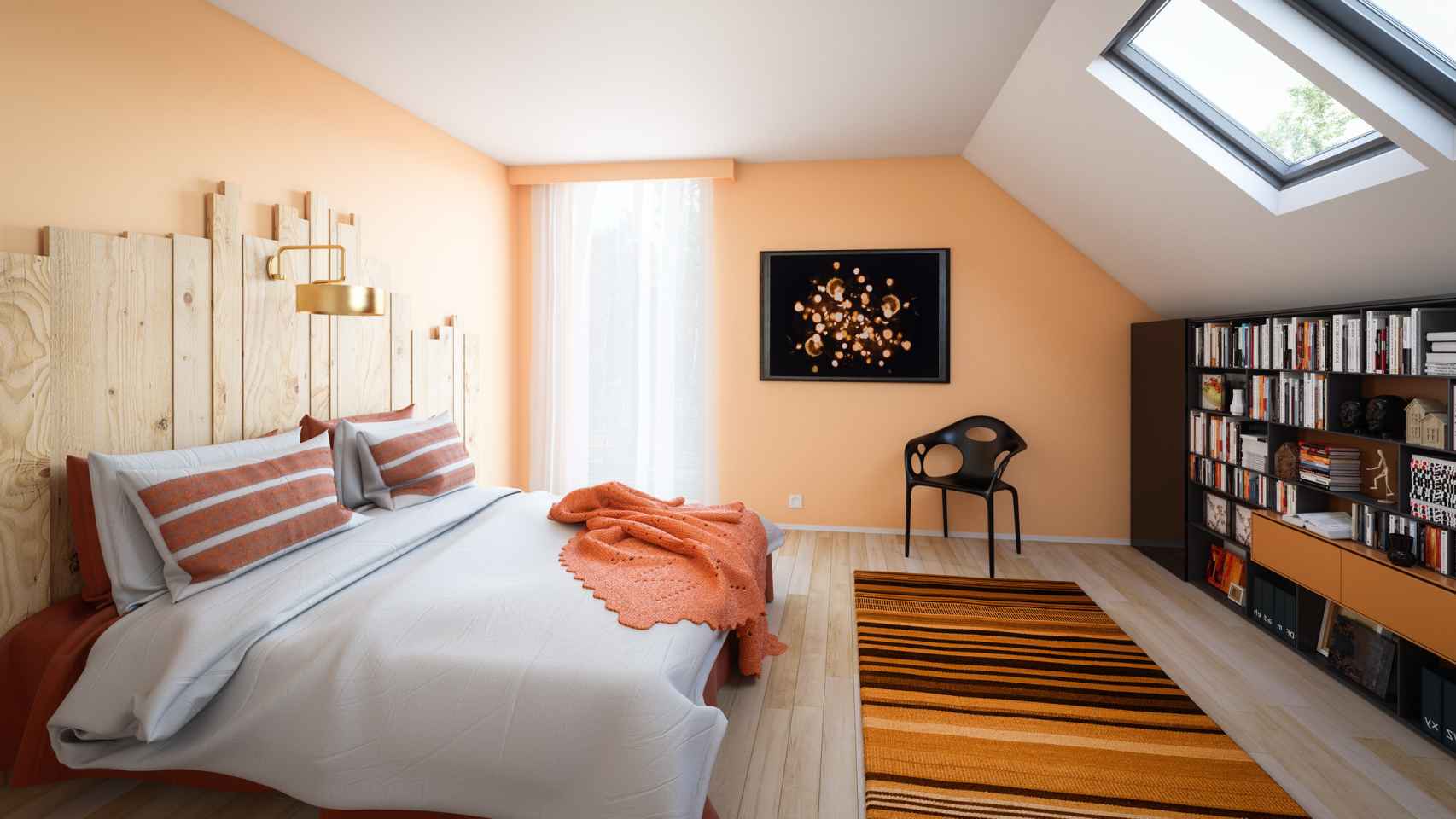 Dormitorio decorado y pintado en naranja.