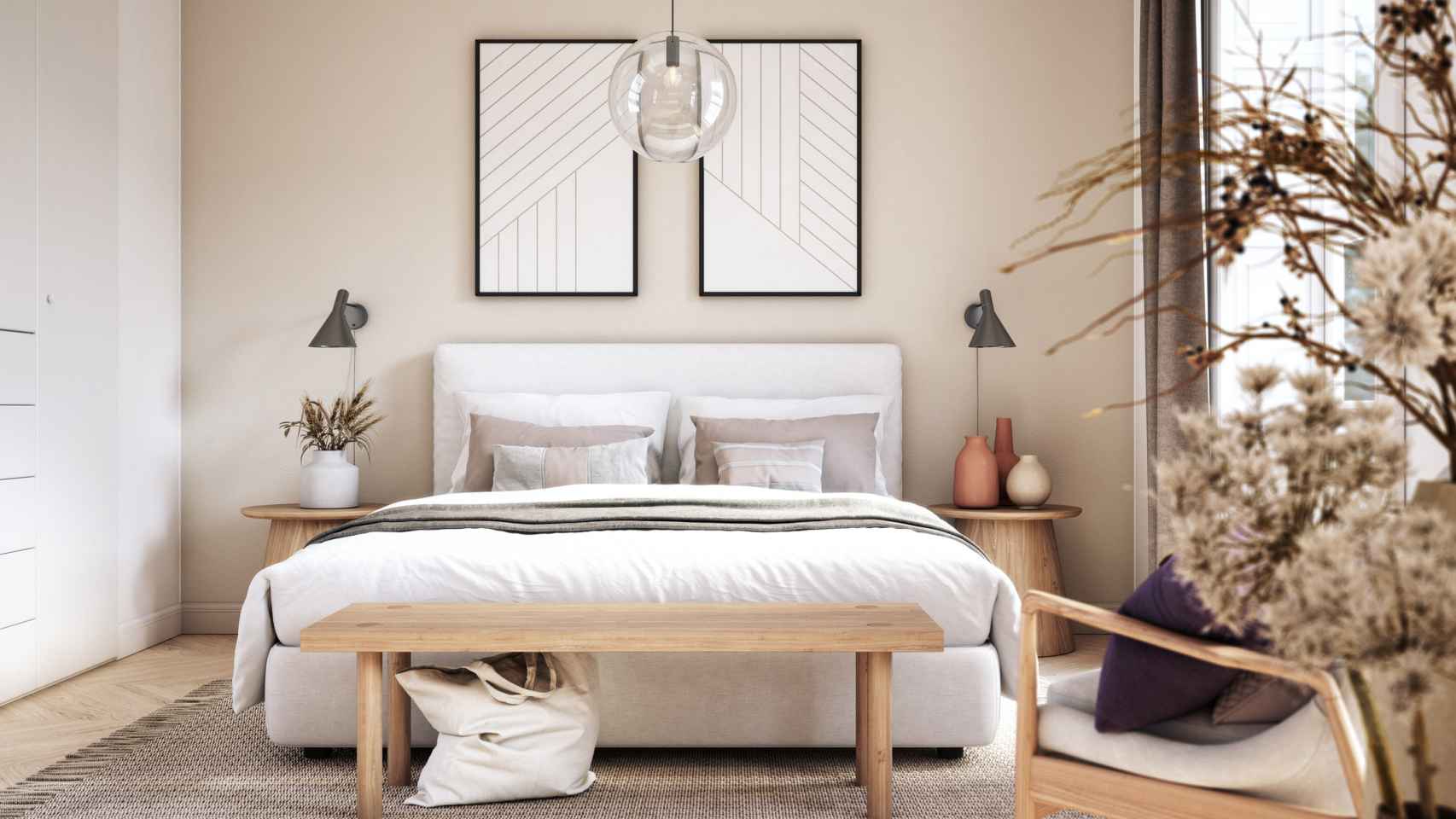 Dormitorio pintado y decorado en beige.