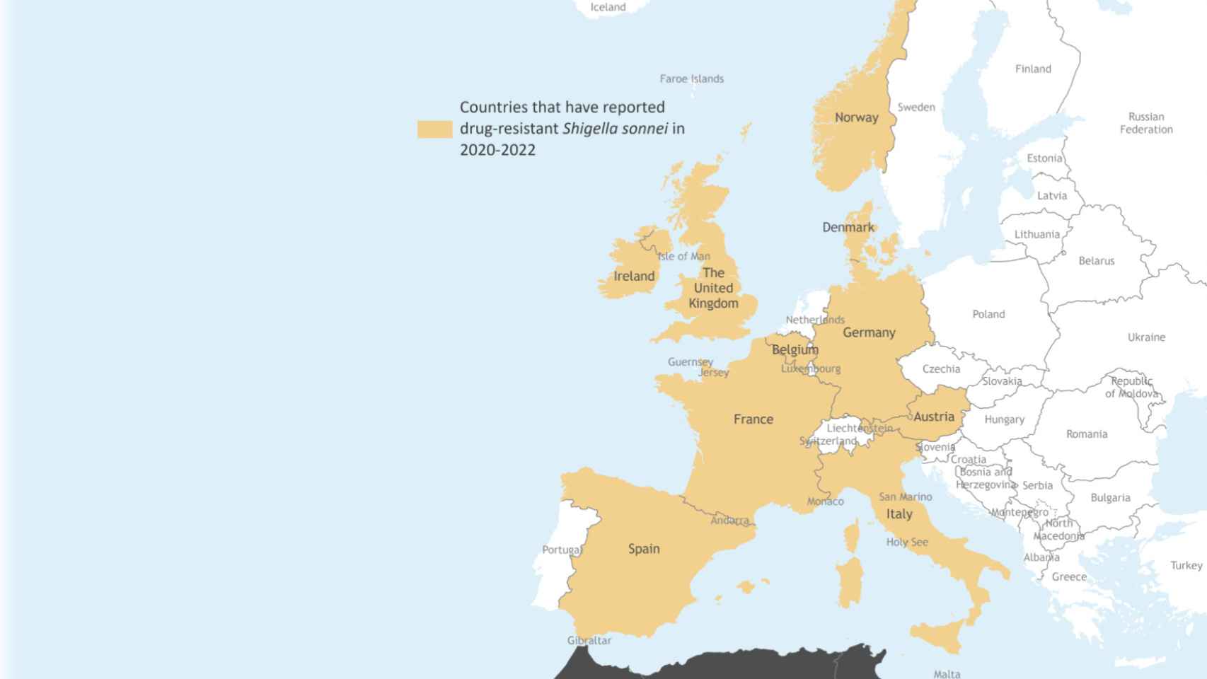 Países en la región de Europa de la OMS que han notificado infecciones por 'Shigella sonnei' altamente resistente.