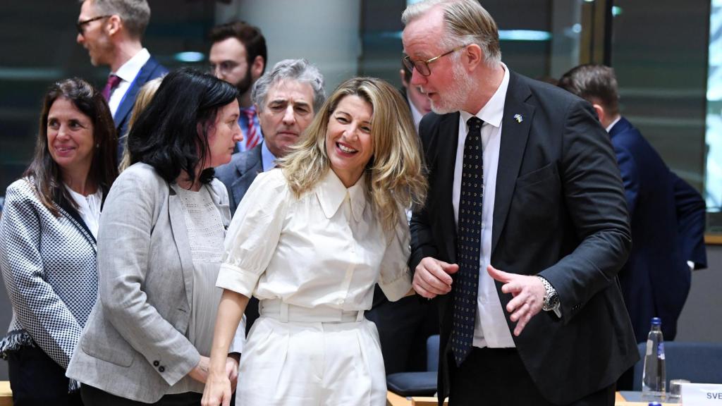 La vicepresidenta segunda, Yolanda Díaz, durante la reunión de ministros de Empleo de la UE este lunes en Bruselas