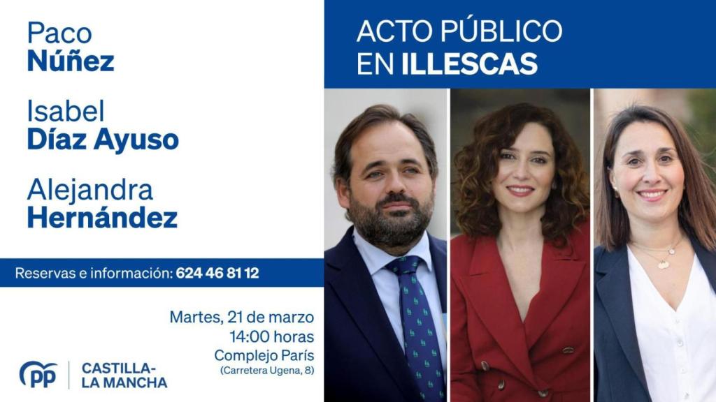 Cartel del primer acto de precampaña de Ayuso con Paco Núñez y Alejandra Hernández en Castilla-La Mancha