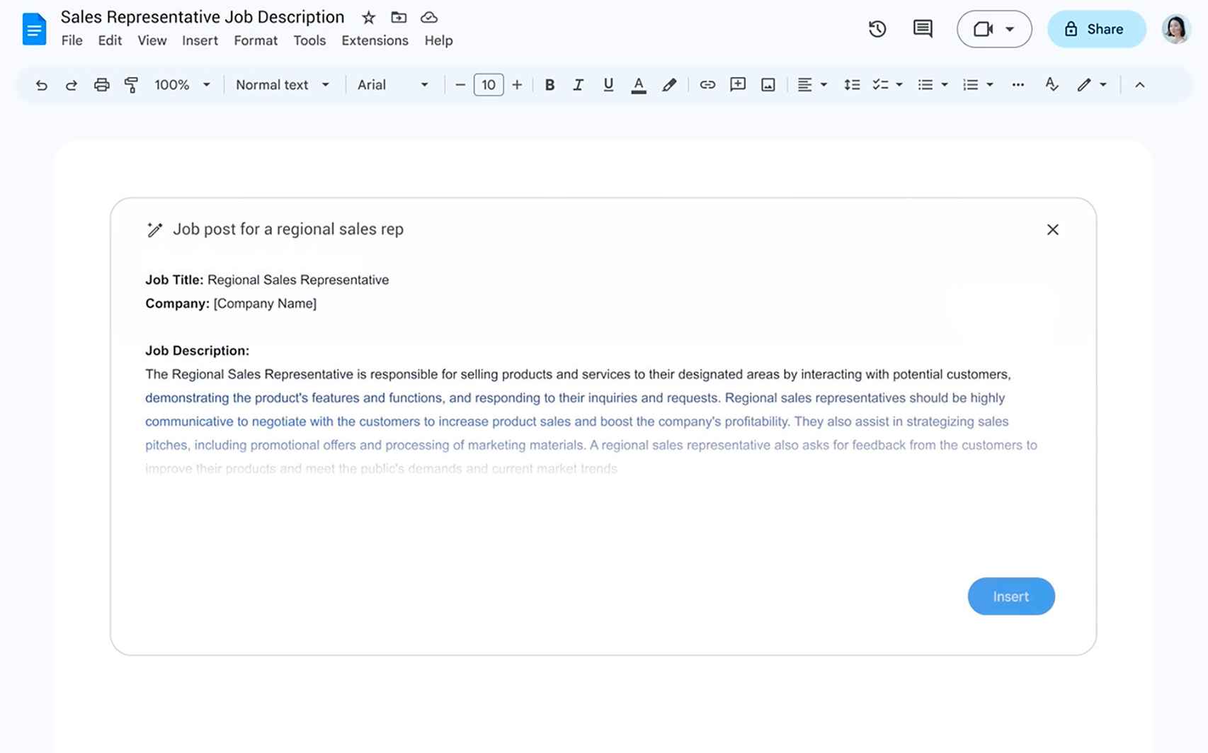 Un ejemplo de cómo la IA de Google Docs ayuda a crear un texto para un puesto de trabajo