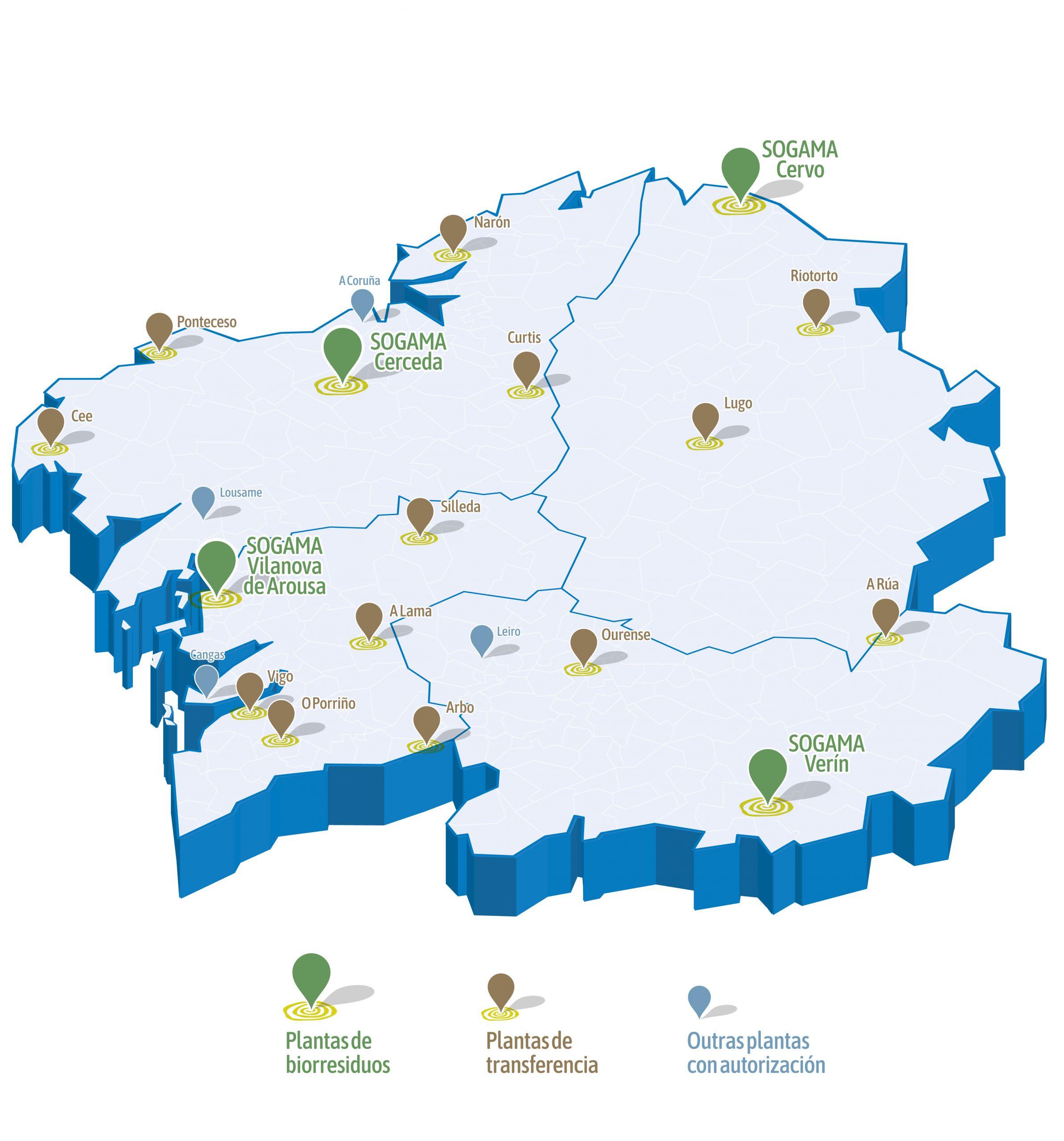 Mapa de Galicia con las plantas de compostaje