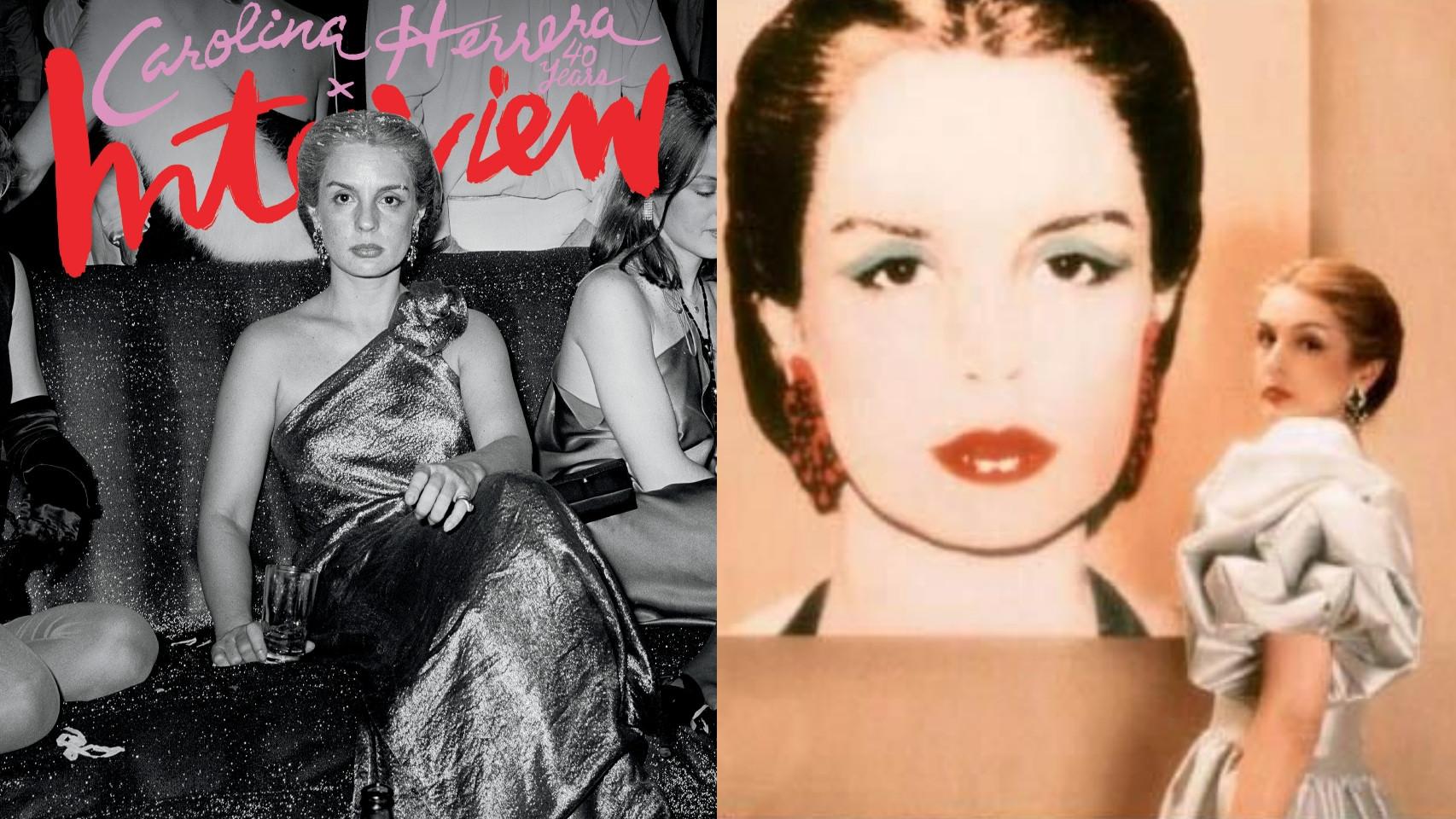Carolina Herrera, junto al retrato  suyo que pintó Andy Warhol y la portada que le dedicó, en 2021, la revista fundada por el artista.