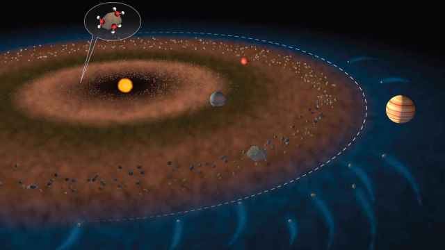 Modelo del sistema solar con una partícula de agua en torno a un cinturón de asteroides.