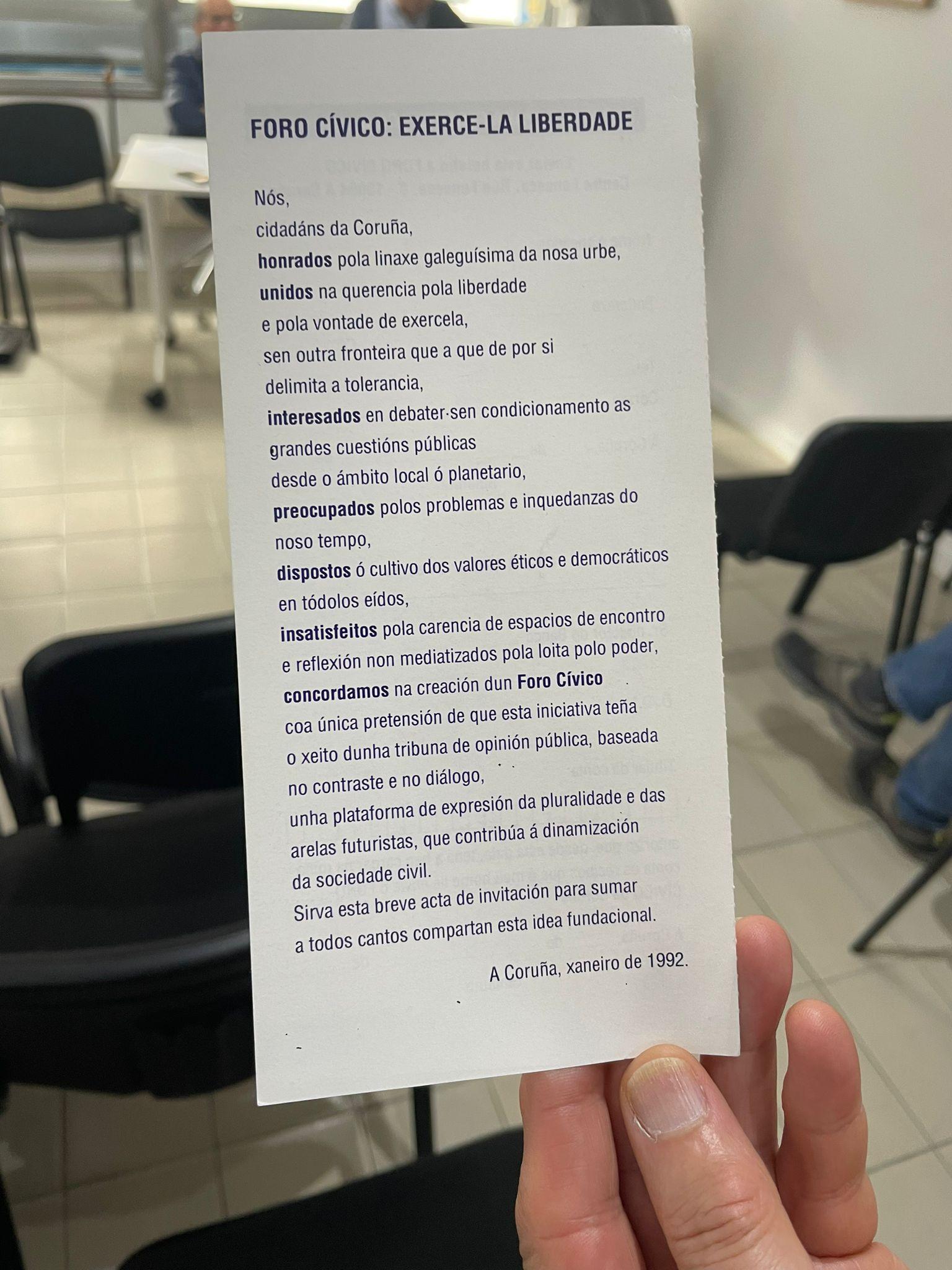 Manifiesto fundacional del Foro Cívico, redactado por Manuel Rivas, uno de sus impulsores