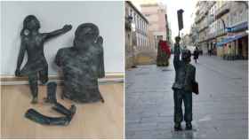 Parte de la estatua ‘La Familia’ de Buciños tras el ataque de dos ciudadanos portugueses y la estatua de Manuel Castro en Príncipe.