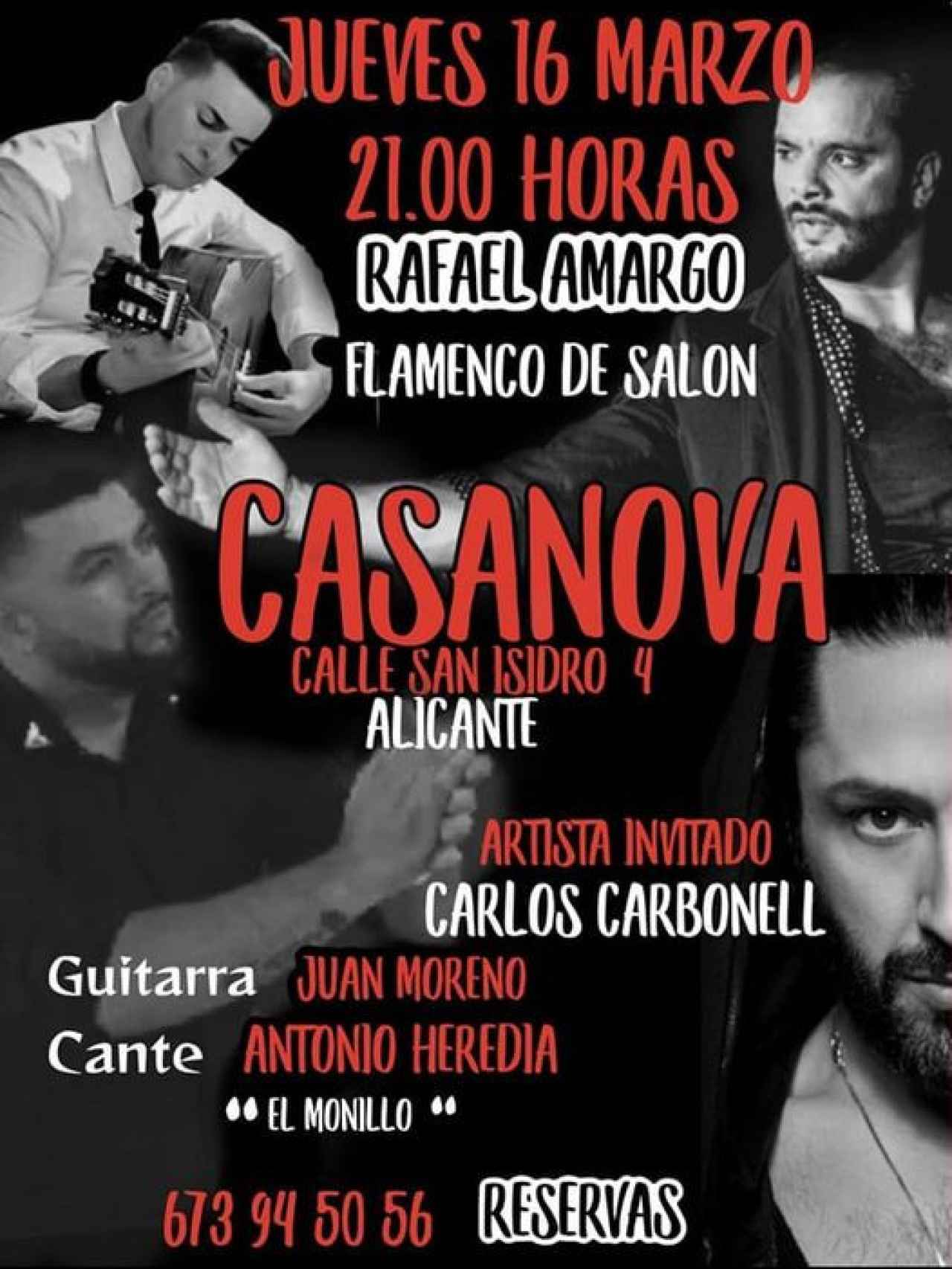 Cartel de la sala Casanova en el que se informaba de la actuación de Rafael Amargo.