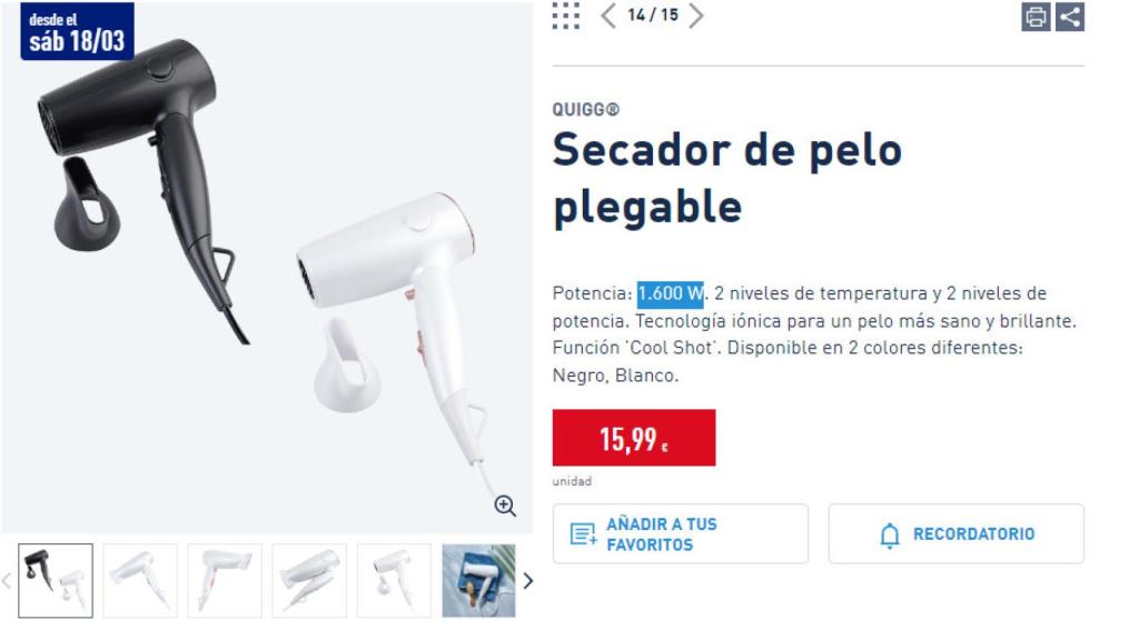 Secador de pelo plegable de Aldi.