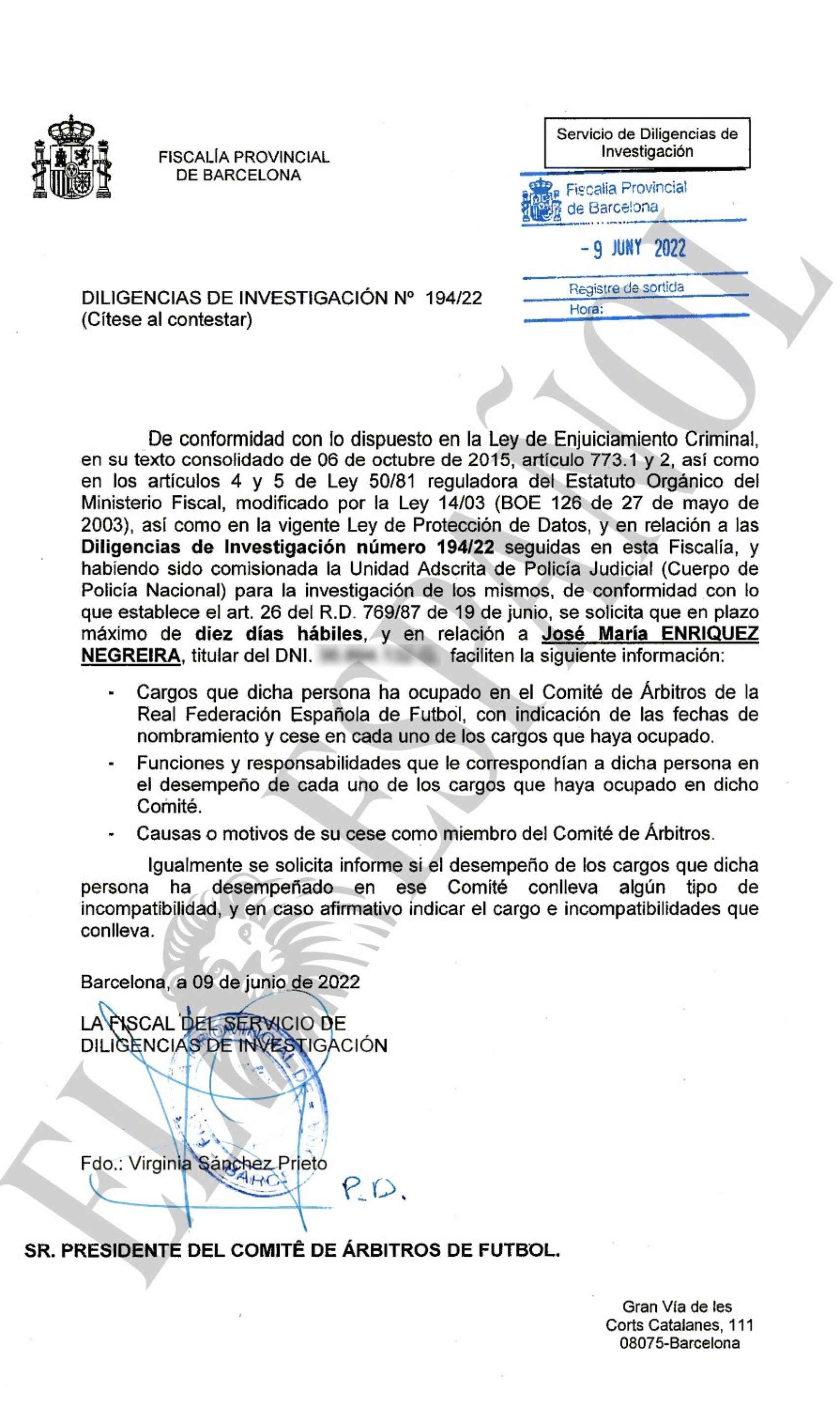 Requerimiento de la Fiscalía de Barcelona a la RFEF sobre Enríquez Negreira (9 de junio de 2022)
