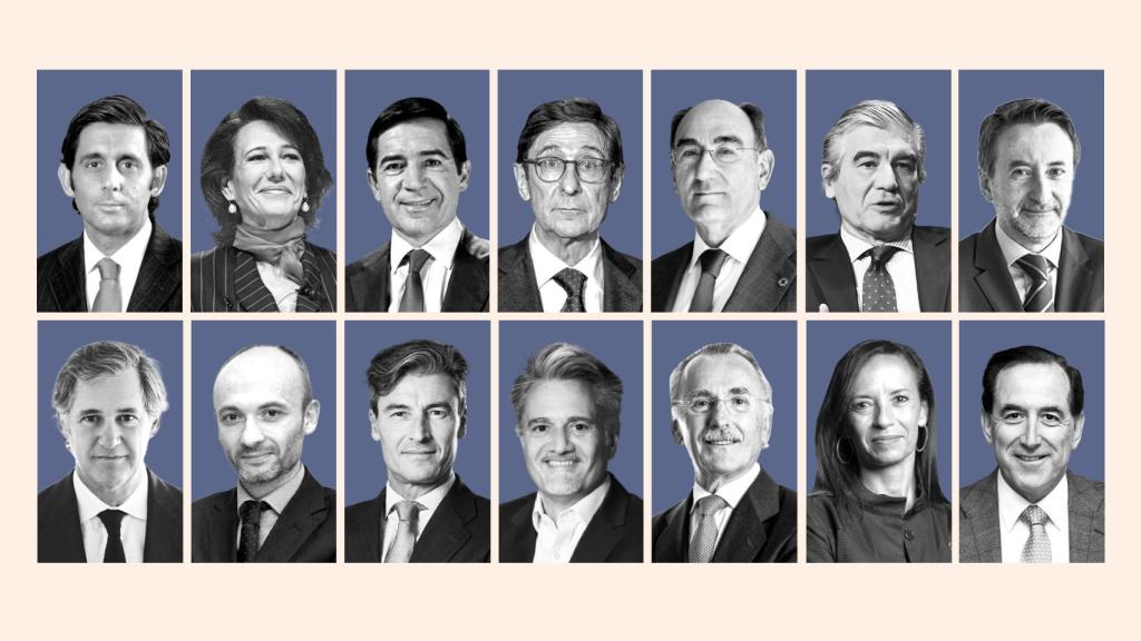 De izda. a dcha. y de arriba a abajo: José Mª Álvarez-Pallete, presidente de Telefónica; Ana Botín, presidenta del Santander; Carlos Torres, presidente del BBVA;  José Ignacio Goirigolzarri, presidente de CaixaBank; Ignacio Galan, presidente de Iberdrola; Francisco Reynés, presidente de Naturgy; Josu Jon Imaz, CEO de Repsol; José Manuel  Entrecanales, presidente de Acciona; Óscar García  Maceiras, CEO de Inditex; Federico Linares, presidente de EY; Alberto Granados, presidente de Microsoft España; Luis Furnells, presidente de Oesía; Beatriz Corredor, presidenta de Redeia y Antonio Huertas, presidente de Mapfre.