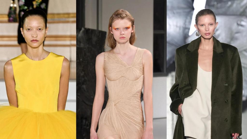 De izq. a dcha.: desfiles de fw23 de Carolina Herrera, Del Core y Brandon Maxwell.