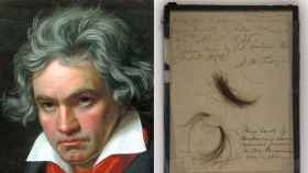 Un retrado de Beethoven junto a uno de sus mechones de pelo.