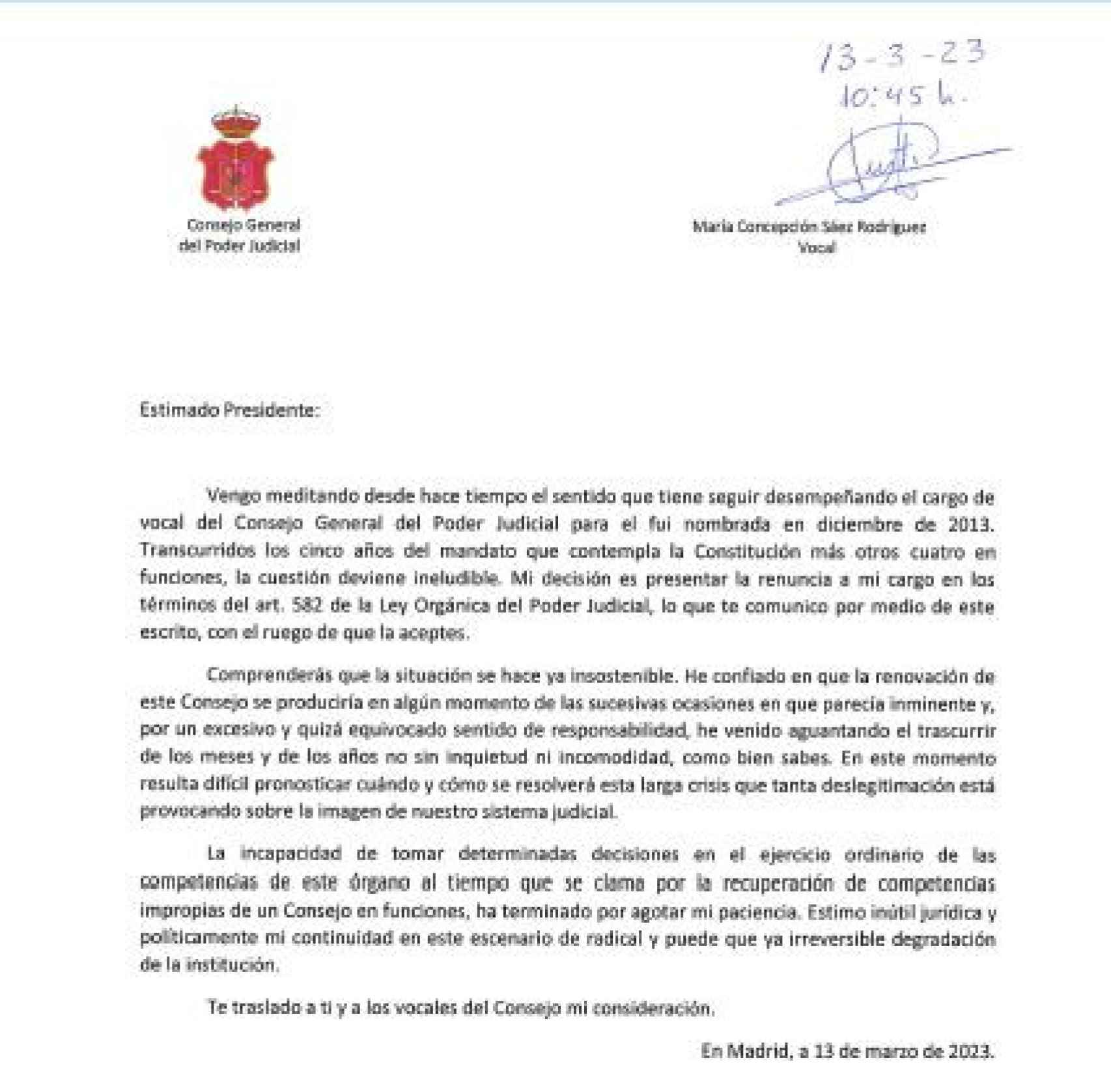 Carta de renuncia de Concepción Sáez./