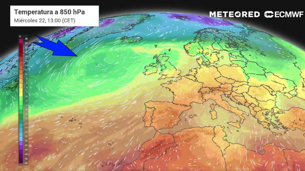 Las masas de aire frío que afectarán a España el domingo. Meteored.