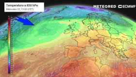 Las masas de aire frío que afectarán a España el domingo. Meteored.