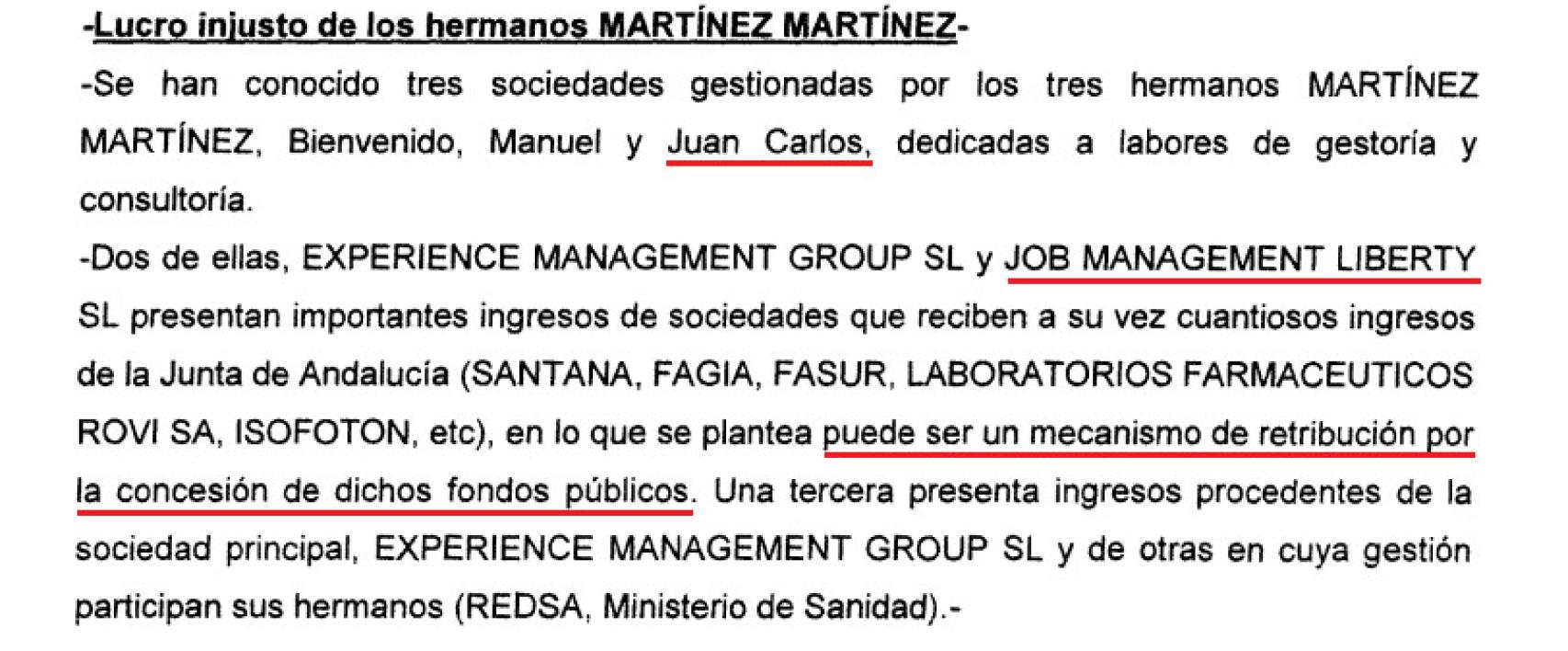 Fragmento del informe policial que señala el lucro injusto de los hermanos Martínez.