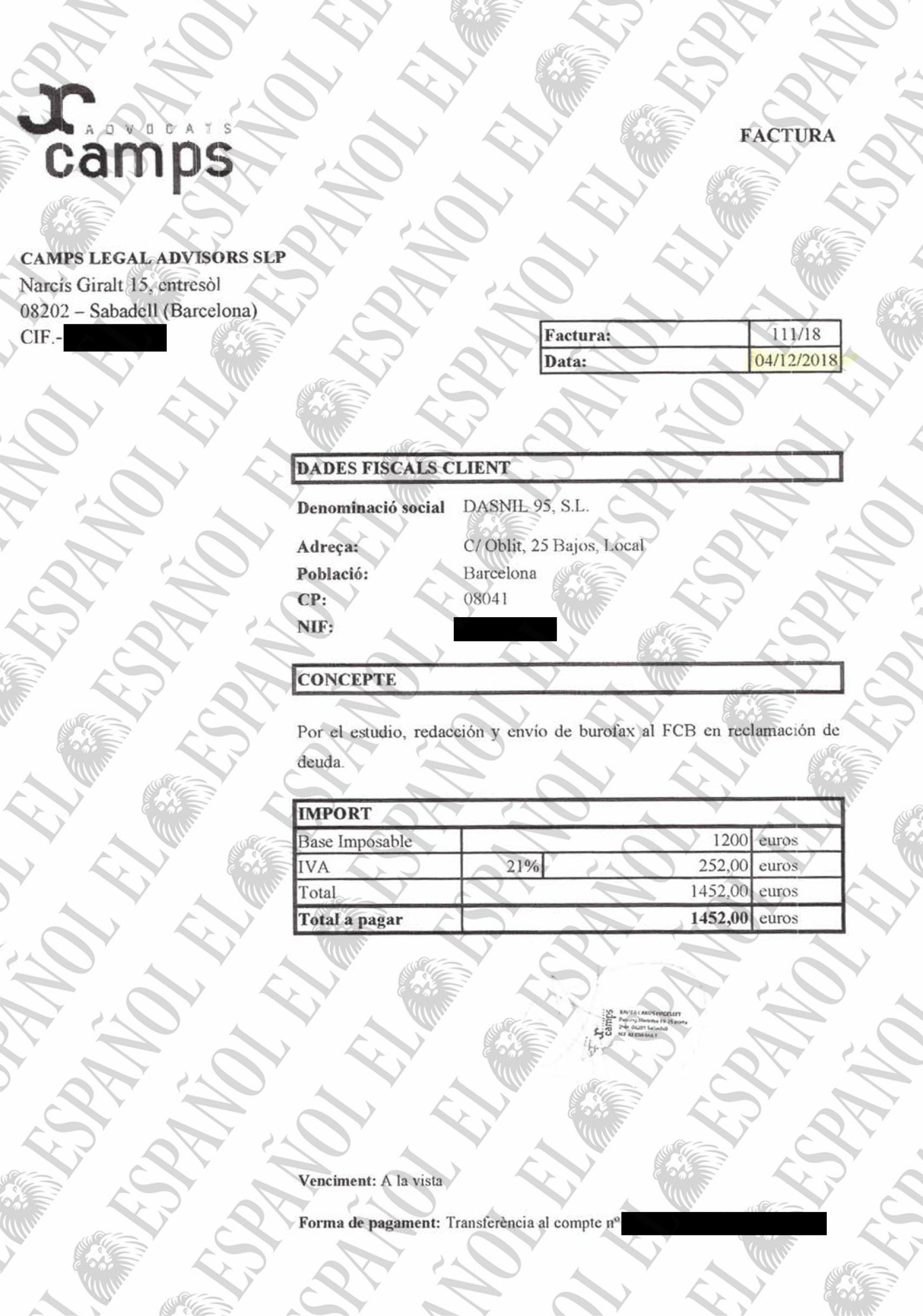 Factura de Camps Abogados a José María Enríquez Negreira