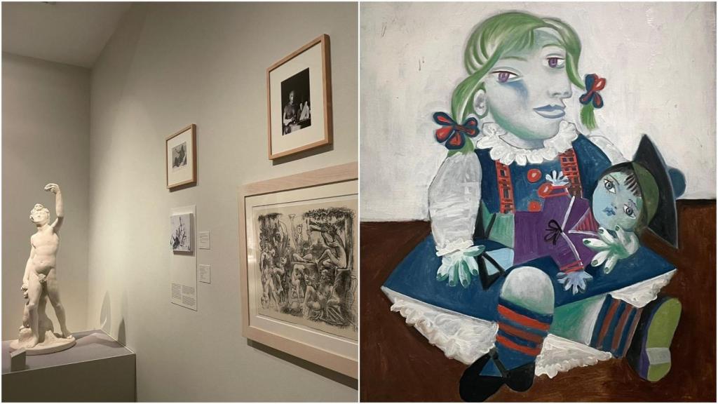 A la izquierda, una de las salas de la exposición y a la derecha ‘Maya con una muñeca’ (Picasso,1938)-