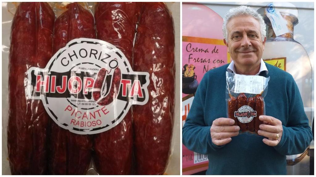 A la izquierda, un paquete de 'Chorizos Hijoputa' y a la derecha, el empresario Rubén Lavandera.