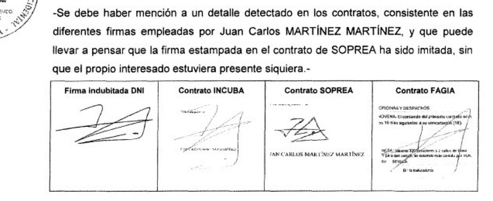 La UDEF cree que uno de los contratos de Juan Carlos Martínez fue falsificado porque su forma parece imitada.