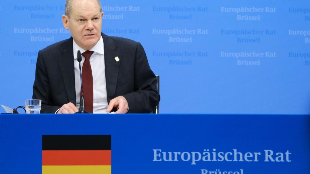 El canciller Olaf Scholz, durante su rueda de prensa de este viernes en Bruselas