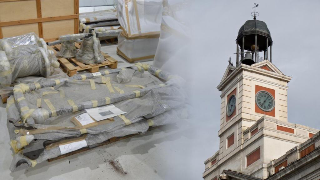 A la izquierda, el reloj atribuido a José Rodríguez Losada, guardado en el Almacén de la Villa; a la derecha, el reloj de la Puerta del Sol.