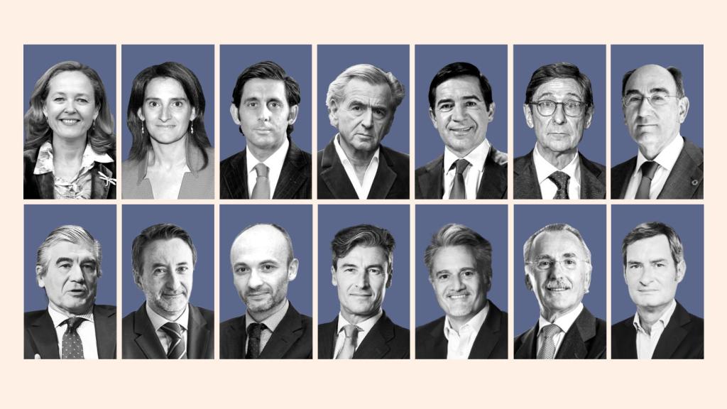 De izda. a dcha. y de arriba abajo: Nadia Calviño, Teresa Ribera, J.M. Álvarez Pallete, Bernard Henry Levy, Carlos Torres, J.I. Goirigolzarri, Ignacio Galán, Francisco Reynés, Josu Jon Imaz, Óscar García Maceiras, Federico Linares, Alberto Granados, Luis Furnells y Jaume Miquel, ponentes en la primera jornada.