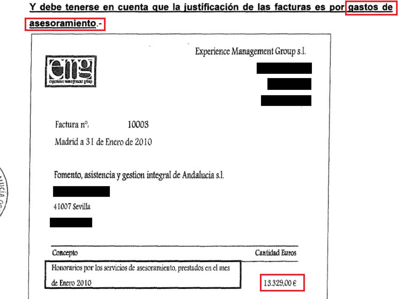 Factura de la empresa de Bienvenido Martínez a FAGIA, incluida en el informe de la UDEF.