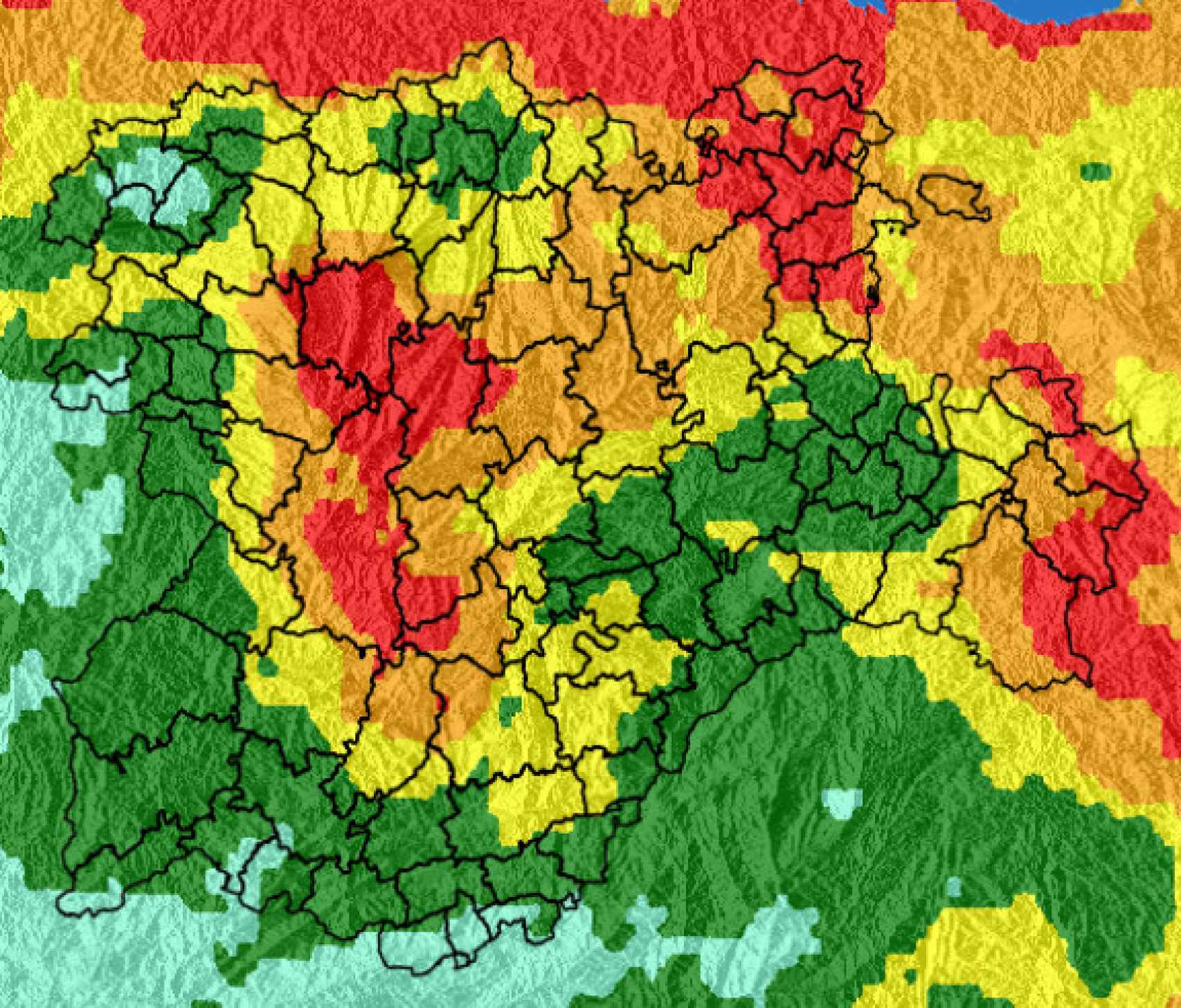 Mapa del nivel de riesgo de incendios forestales en Castilla y León para este miércoles.