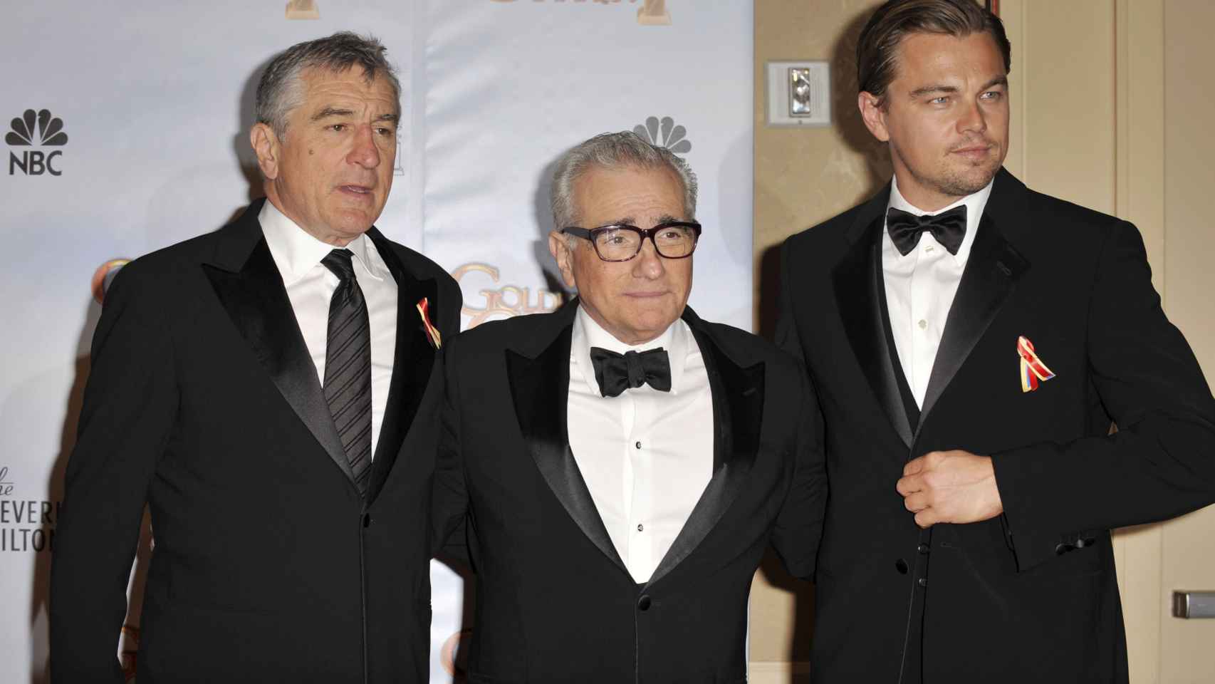 Robert De Niro, Martin Scorsese y Leonardo Di Caprio en los Globos de Oro 2010