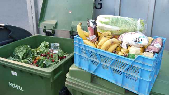 Una caja de verduras y frutas recuperada de los contenedores de un hipermercado.