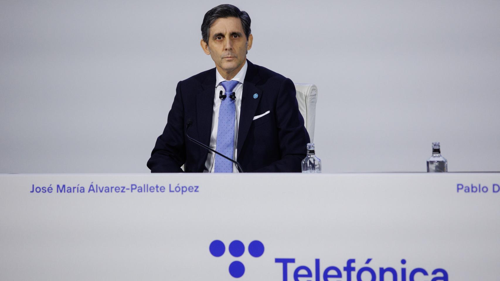José María Álvarez-Pallete, presidente ejecutivo de Telefónica, interviene durante la junta general de accionistas de 2023