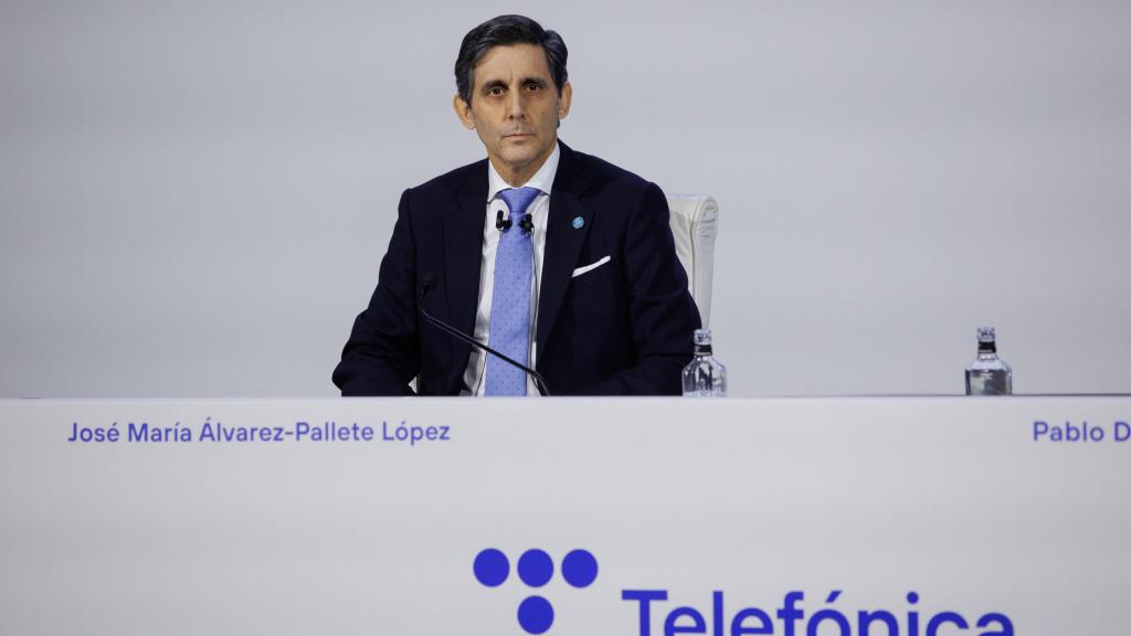 José María Álvarez-Pallete, presidente de Telefónica, interviene durante la Junta General de Accionistas de 2023.
