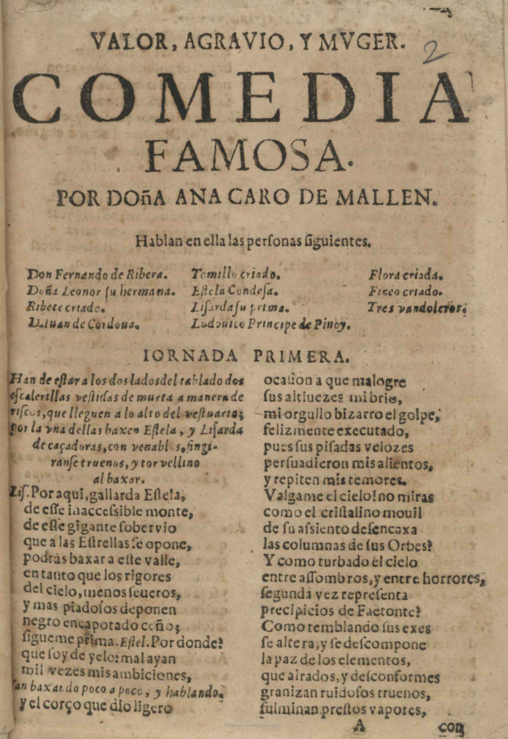 Primera página de un manuscrito de 'Valor, agravio y mujer' conservado en la Biblioteca Nacional