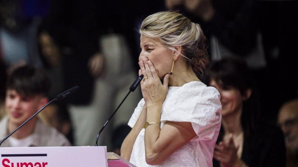 La vicepresidenta segunda del Gobierno, Yolanda Díaz, durante la presentación de su plataforma Sumar, este domingo en Madrid.