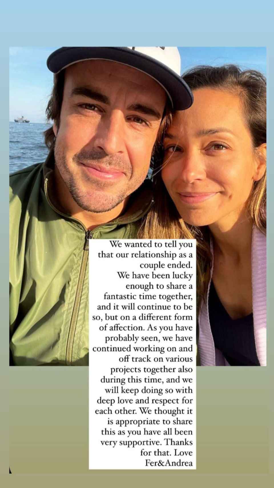 Publicación compartida por Fernando Alonso y Andrea Schlager para anunciar su ruptura.