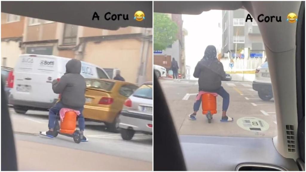 Vídeo: Circula sentado sobre una bombona de butano en un patinete eléctrico en A Coruña
