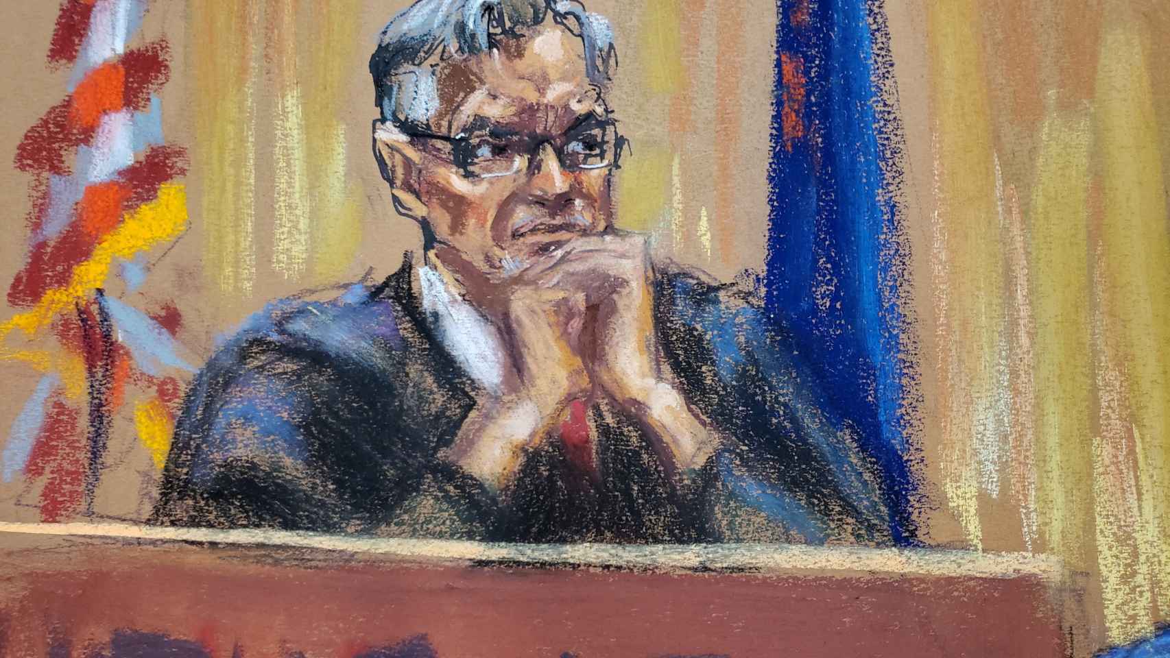 Dibujo del juez Merchán presidiendo el juicio penal fiscal de la Organización Trump en el Tribunal Penal de Manhattan.