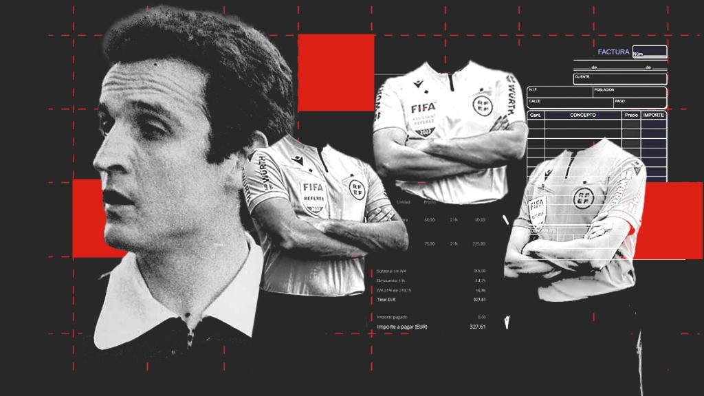 Enríquez Negreira y varios árbitros de fútbol en un fotomontaje