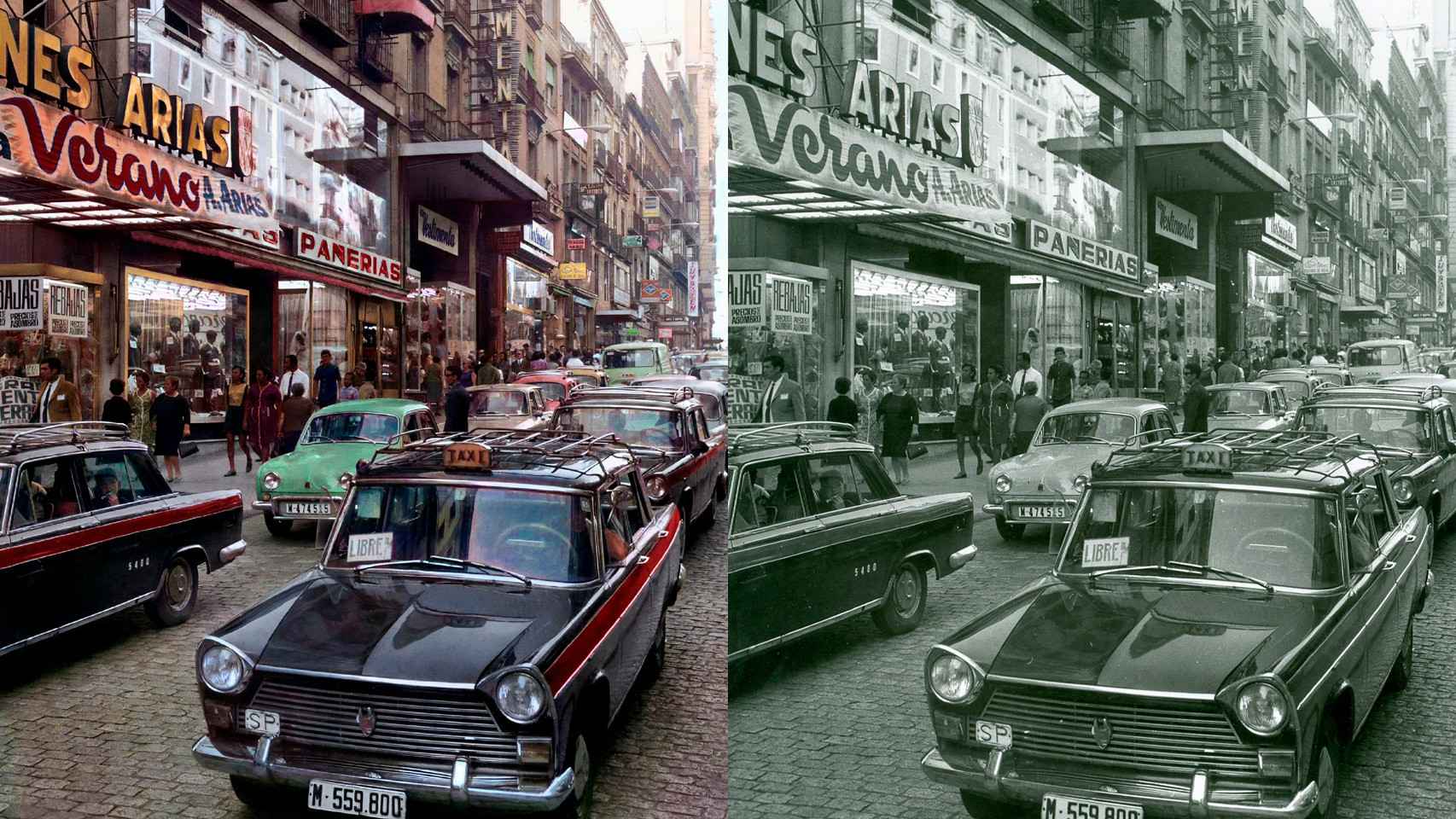 La calle Montera y los desaparecidos Almacenes Arias en 1969.